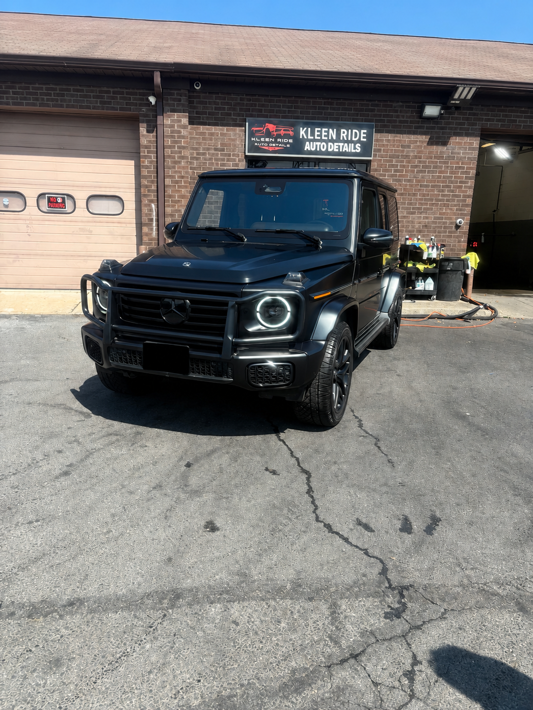Matte black Mercedes G-Wagon at Kleen Ride Auto Details shop in Waldorf, MD